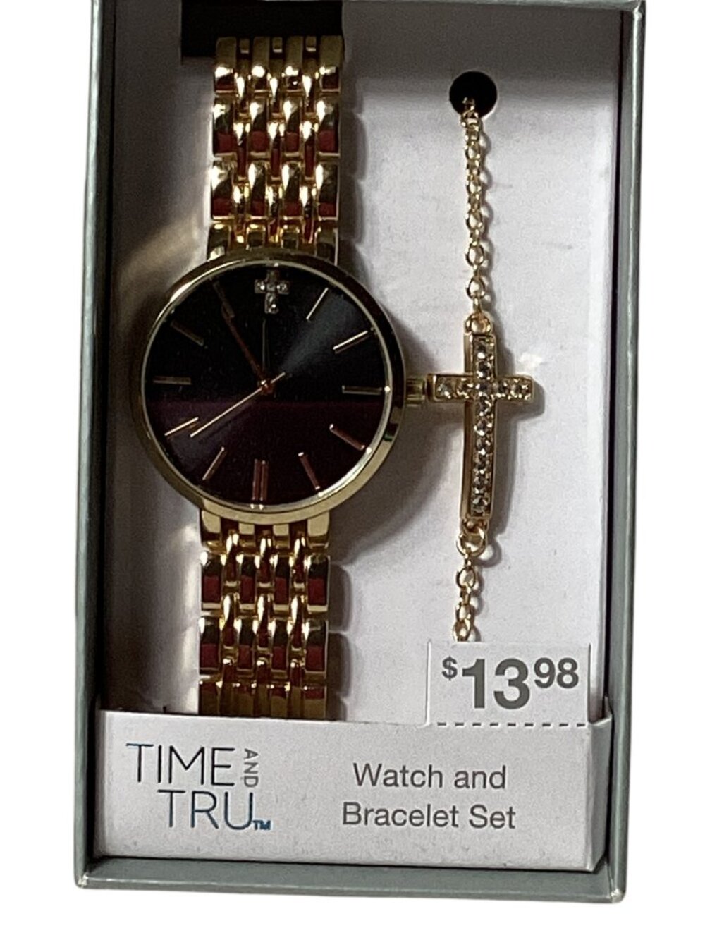 Time and Tru: Women's Gold-Tone Watch & Cross Bracelet Set, Model #A1413G-40-D27